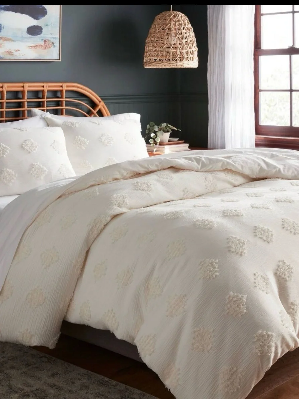 King Tufted Diamond Crinkle Duvet Cover Set Cream